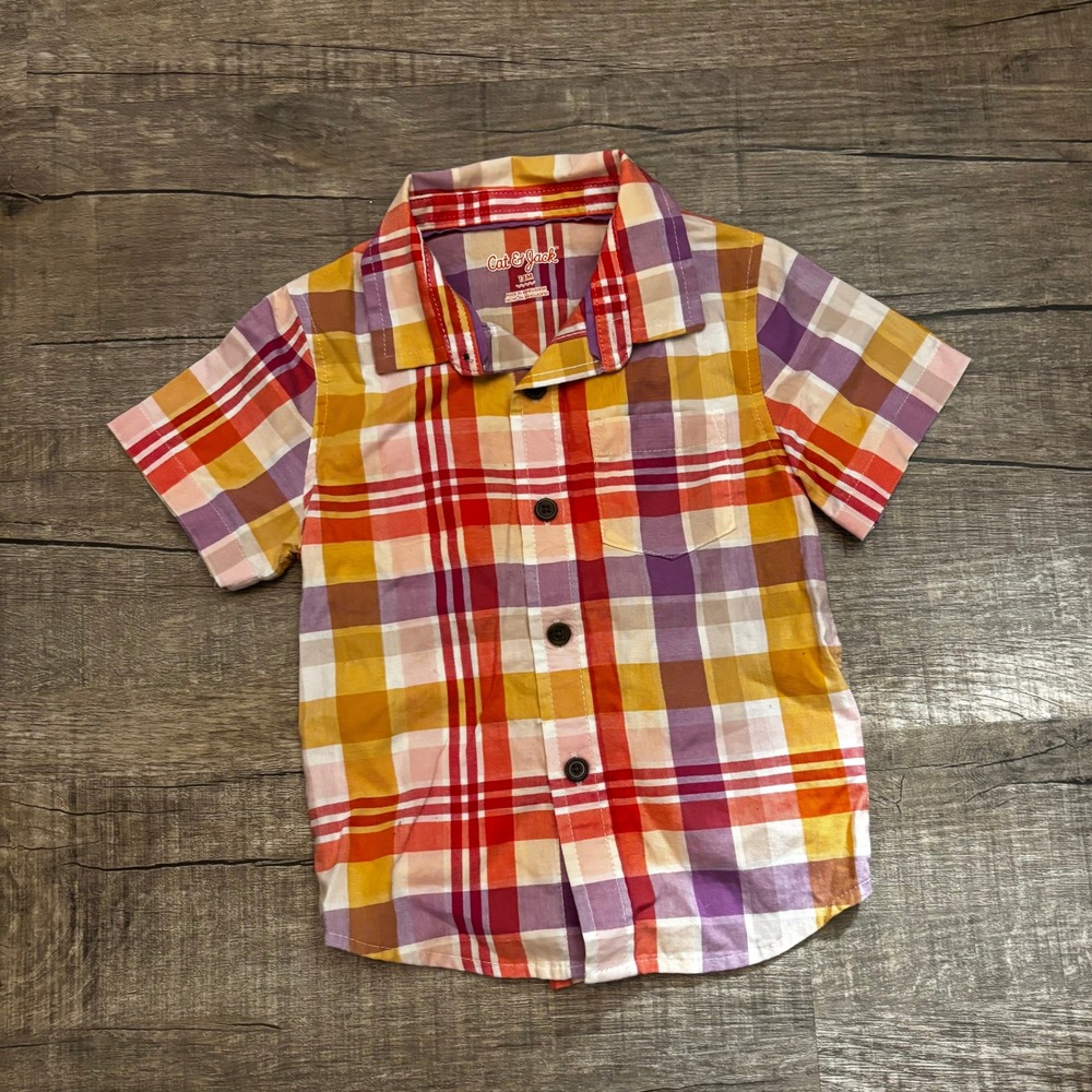 Cat & Jack Plaid Button Up Shirt Toddler Boys 18M Orange Purple Short Sleeve